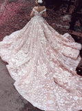 2024 A-Line Off the Shoulder Ball Gown Court Train Tulle Appliques Wedding Dresses