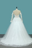 A Line Long Sleeves Tulle Scoop Wedding Dresses With Applique And Beads Sweep