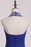 Dark Royal Blue Halter Bridesmaid Dresses Chiffon With Beading Floor Length