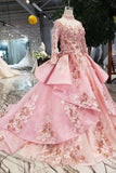 New Prom Dresses Long Sleeves Ball Gown High Neck With Applique&Beads Lace Up