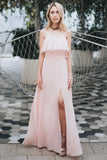 Charming Off Shoulder Ruffle Pink Chiffon Long Prom Dresses Bridesmaid Dresses STA15114