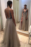 New Arrival V Neck Open Back Prom Dresses A Line Tulle With