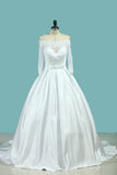 Boat Neck Wedding Dresses Mid-Length Sleeves Satin With