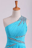 One Shoulder Prom Dresses A Line Chiffon With Beads And Ruffles