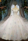 Floral Wedding Dresses A-Line Off The Shoulder A-Line Tulle Lace Up With Beads And