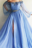 Newest Long Beading Lace Tulle A-Line Blue Prom Dresses Evening