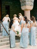 Mermaid Lace Baby Blue V Neck Bridesmaid Dresses for Wedding STA20425