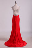 V Neck Beaded Bodice Open Back Prom Dresses Column Spandex Sweep