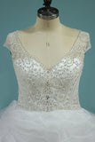 A Line V Neck Wedding Dresses Organza With Beading Chapel