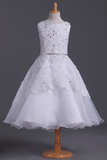 Bateau A Line Flower Girl Dresses With Applique & Beads Tulle