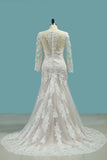 Bateau Wedding Dresses Mermaid Long Sleeve Tulle With Applique Sweep