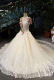 New Arrival Peony Flower Wedding Dresses Scoop Neck Tulle Lace Up With Beaded