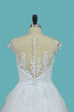 A Line Tulle Wedding Dresses Scoop Cap Sleeves With Applique Court