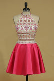 Homecoming Dresses A Line High Neck Beaded Bodice Short/Mini Satin