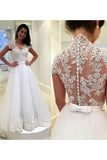 A Line V Neck Wedding Dresses Tulle With Applique And Sash Sweep