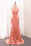 Satin Mermaid Halter Bridesmaid Dresses With Applique