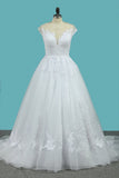 A Line Tulle Wedding Dresses Scoop Cap Sleeves With Applique Court