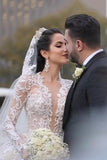 Luxurious Long Sleeves Scoop A Line Lace Wedding Dresses With Pearls Royal