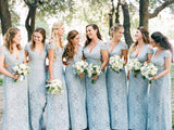 Mermaid Lace Baby Blue V Neck Bridesmaid Dresses for Wedding STA15653