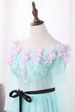 New Arrival A Line Boat Neck Tulle Prom Dresses With Handmade Flowers And