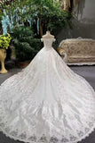 Luxurious Satin Wedding Dresses Lace Up Boat Neck With Appliques And