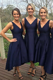 A Line V Neck Satin High Low Short Bridesmaid Dresses, Prom Dresses STA15043