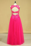 A Line Open Back Scoop Prom Dresses Tulle With Applique & Beading Floor Length