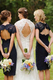 Sheath Navy Blue Open Back Lace Bridesmaid Dresses Wedding Party