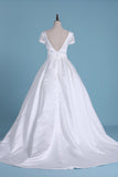 New Arrival Scoop Wedding Dresses A Line Short Sleeves Court Train