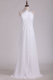 White Halter Bridesmaid Dresses With Beading Floor Length