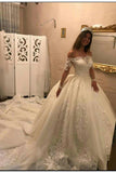 Luxurious Ball Gown Wedding Dresses Long Sleeves Boat Neck Tulle With