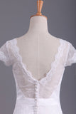 Wedding Dresses V Neck Chiffon & Lace Short Sleeves Sweep