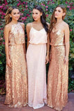 Cheap Pink Lace Sparkly Sequin Gold Mismatched Bridesmaid Dresses, Long Prom Dresses STA15129