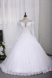 New Wedding Dress A-Line Scoop Long Sleeves Tulle Court Train With