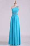 One Shoulder Prom Dresses A Line Chiffon With Beads And Ruffles