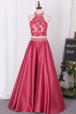 New Prom Dresses A-Line Scoop Floor-Length Lace And Satin With