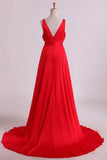 A Line V Neck Deep V Back Prom Dresses Chiffon With Slit Court Train