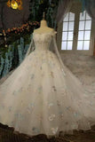 Floral Wedding Dresses A-Line Off The Shoulder A-Line Tulle Lace Up With Beads And