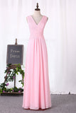 Chiffon Bridesmaid Dresses A Line V Neck Ruched Bodice Floor