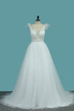 A Line Spaghetti Straps Wedding Dresses Tulle & Lace With Applique Court