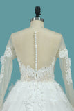 A Line Long Sleeves Tulle Scoop Wedding Dresses With Applique And Beads Sweep