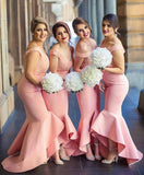 Baby Pink Mermaid Off the Shoulder Hi-Low with Ruffles Sweetheart Lace Top Bridesmaid Dress