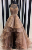 Halter Top Illusion Rhinestone Beaded Hi-Low Tulle Most Popular Long Prom Dresses