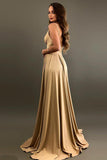 Elegant A-Line V-Neck Elastic Satin Backless Ruffles Sleeveless Bridesmaid Dress with Split