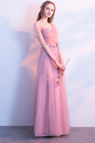 Elegant A-Line Pink Tulle Off the Shoulder Sweetheart Lace up Prom Bridesmaid Dresses