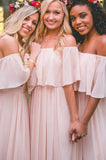 Elegant Off-the-shoulder Pastel Pink Ruffles Long Chiffon A-Line Bridesmaid Dresses