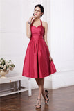 A-Line/Princess Halter Sleeveless Pleats Short Taffeta Bridesmaid Dresses TPP0005709