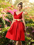 A-Line/Princess V-neck Pleats Sash/Ribbon/Belt Sleeveless Short Satin Bridesmaid Dresses TPP0005718