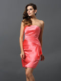 Sheath/Column Strapless Ruched Sleeveless Short Satin Bridesmaid Dresses TPP0005761