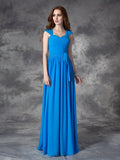 A-line/Princess Straps Ruffles Sleeveless Long Chiffon Bridesmaid Dresses TPP0005800